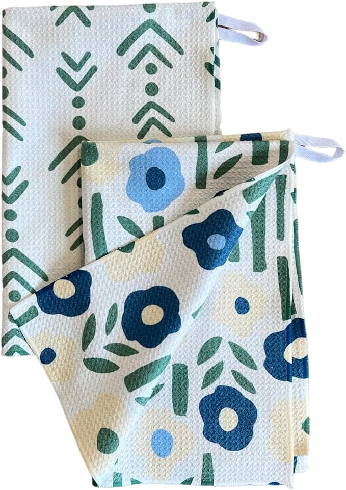 Desert Aqua 2 Pack Double Sided || Not Your Ordinary Kitchen Towels || Dish Towels ||Quick Dry || Waffle Weave Microfiber || Highly Absorbent || Hanging Hook (Blue Green Arrow)