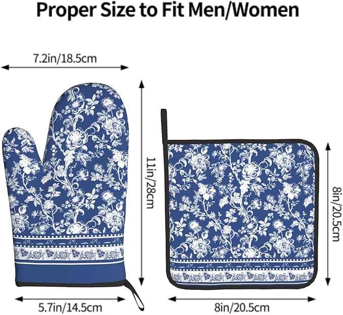 Blue White Floral Oven Mitts and Pot Holders Sets,Chinoiserie Oven Mitts for Kitchen Decor,Vintage Bohemian Style Heat Resistant Oven Glove Potholders for Baking Cooking BBQ