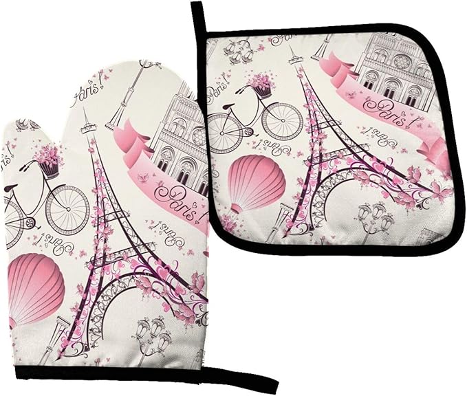 Paris Theme Oven Mitts and Pot Holders Eiffel Tower Romantic Travel Insulated Gloves & Kitchen Counter Safe Mats for Cooking BBQ Baking Grilling (2-Piece Set)