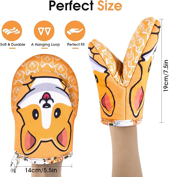 Mini Oven Mitts Cute,Silicone Oven Mitts Heat Resistant 500℉ with Non-Slip Grip and Soft Quilted Cotton Lining for Kitchen Cooking and Baking. Machine Washable-Dog