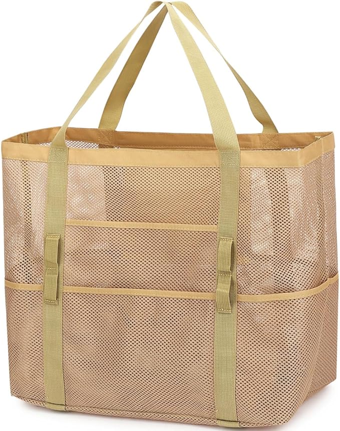 Fammart Mesh Beach Bag, Large Beach Tote with Zipper Pocket for Family Pool Bag for Toys & Vacation Essentials