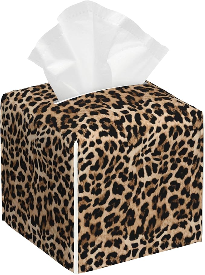 POIUBLE Leather Tissue Box Holder Leopard Print Tissue Box Cover Square Waterproof Tissue Holder Organizer Modern Napkin Holder for Bedroom Dresser Night Stand Office Desk