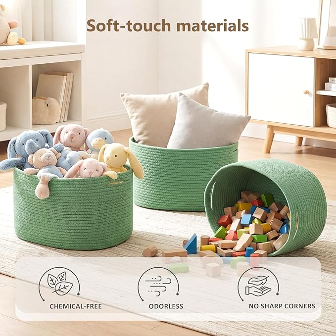 ECDYQXVU Cotton Rope Storage Basket, 15x10x9 Inches, Woven Basket for Shelves, Clothes, Towels, Books, and Laundry, Green (2 Pack)