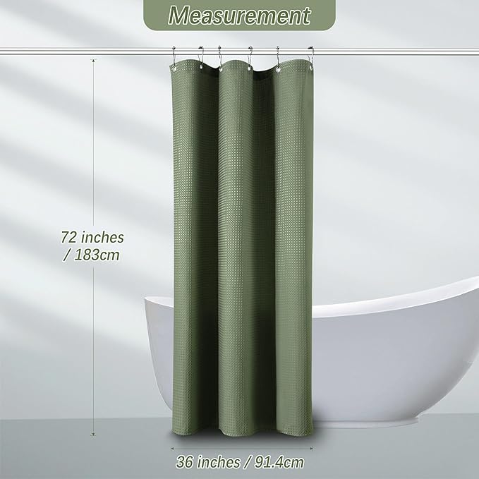 PANGSINNE Green Stall Shower Curtain Waffle Weave Fabric, Luxury Waterproof 256GSM Heavy Duty Camper Shower Curtain for Travel Trailers with 6 Metal Hooks, 36Wx72H Sage Green
