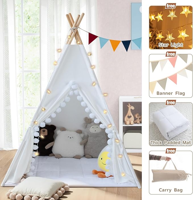 WIRHAO Teepee Tent for Kids with Padded Mat Cotton Canvas Kids Teepee with Pompom for Toddlers Indoor Play Tent for Girls Boys with Stars Lights, Carry Bag, Banner Flag (Snowman)