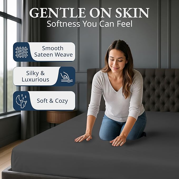 Lane Linen 100% Egyptian Cotton California King Size Fitted Sheet Only (72"x84" + 15") - Elegant Sateen Weave, Ultra Soft, Breathable, Highly Durable, Deep Pockets Upto 17" - Charcoal