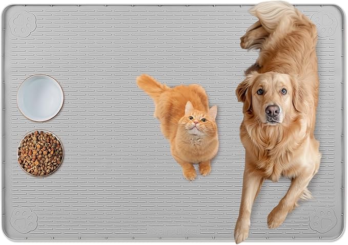 Bartuke Cat Food Mat, 34" x 22" Large Silicone Pet Feeding Mat for Food and Water Bowls Non-Slip, Easy to Clean (Light Grey)