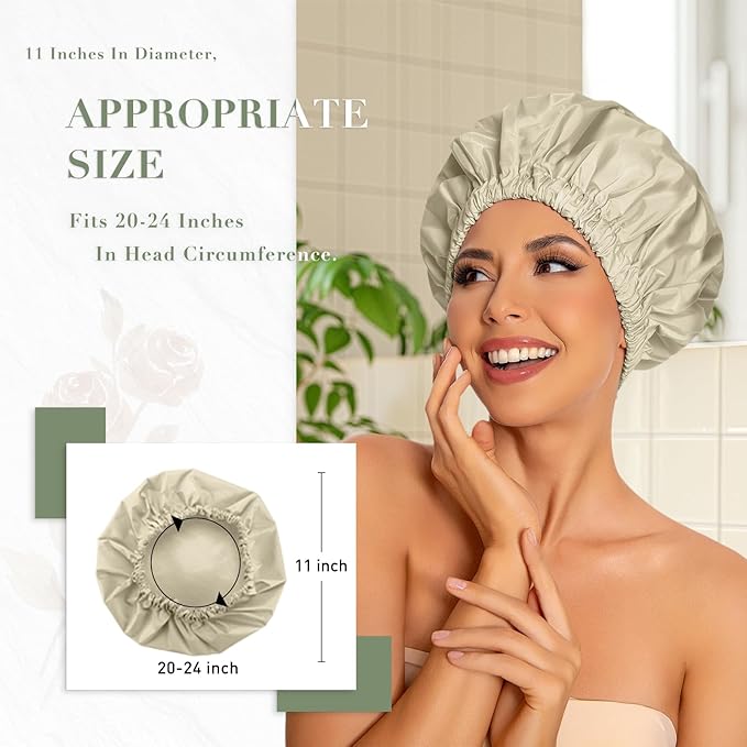 Reusable Shower Cap for Women, Large Waterproof Shower Essentials Bonnet Washable Elastic Band Bath Hair Wrap Hat for Long Hair, Braids(Gray Yellow)