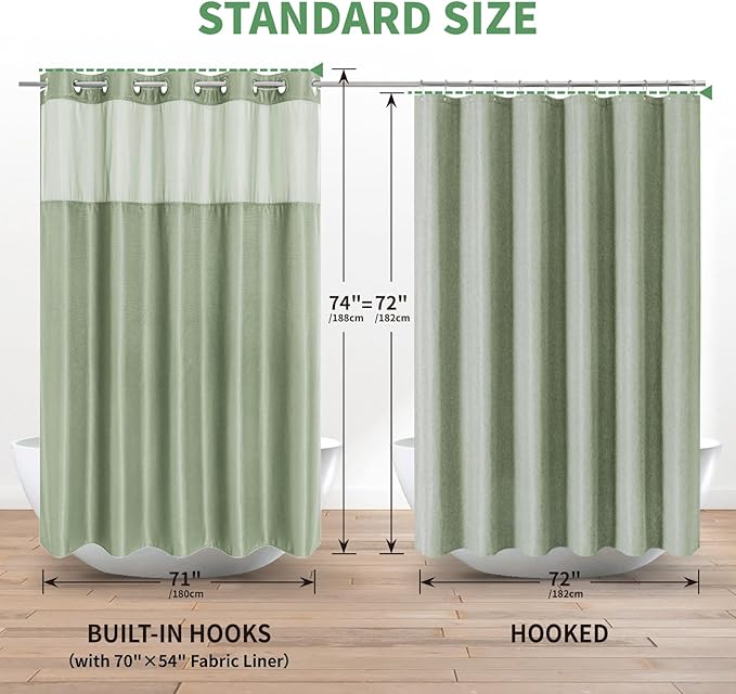eachope No Hook Waffle Weave Shower Curtain with Snap-in Fabric Liner Set,Sage Green Shower Curtains for Bathroom with See Through Top Window,Water Repellent & Washable,71Wx74H