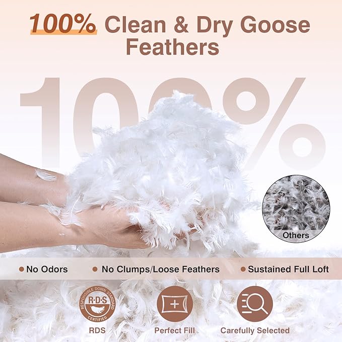 zibroges Goose Feather Pillows Bed Pillow - Hotel Down Pillows Queen Size Set of 2, Fluffy Support Surround Fill Polyester for Back, Stomach, Side Sleepers, Breathable & Soft Bed Pillow for Sleeping