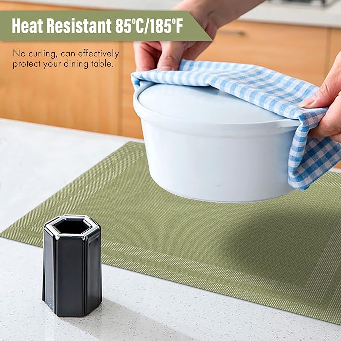 Winknowl Placemats Set of 4，Heat Resistant Woven Vinyl Washable PVC Place Mats，Non-Slip Stain Resistant Indoor/Outdoor Table Mats for Dining Table (Green)