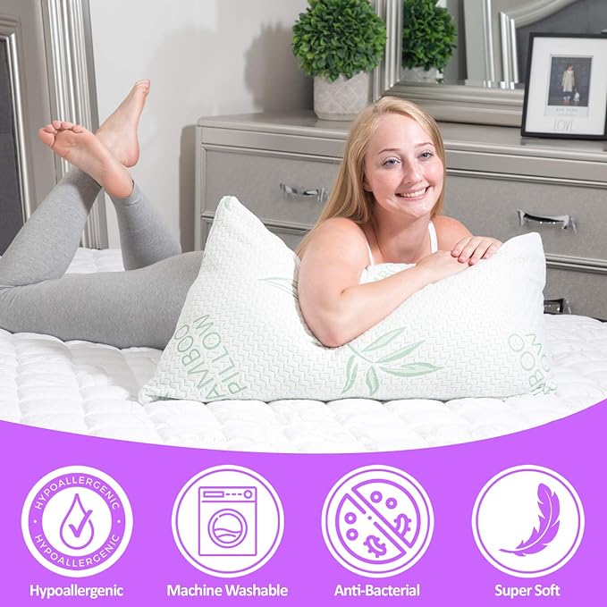 Elif Queen Size Pillows for Sleeping Set of 2 – Cooling Shredded Memory Foam Pillows with Removable Cover for Back, Stomach & Side Sleepers, Rayon Derived from Bamboo, Queen (2 Pack)