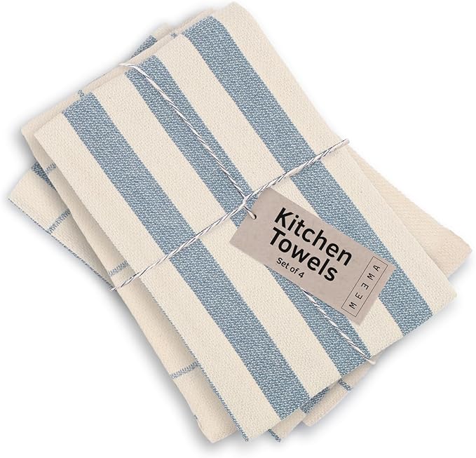 MEEMA Kitchen Towels and Dishcloths Sets of 4 | Large 18 x 28 Inch | Upcycled Cotton Tea Towel | Super Absorbent Cotton Dish Towels for Kitchen | Blue Stripes | Hand Towels