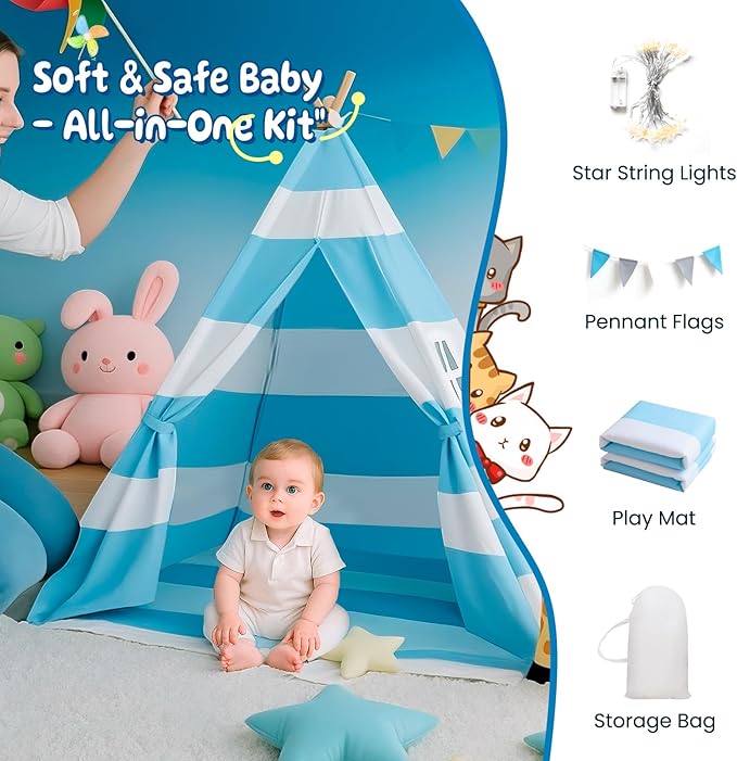 xiaowantong Teepee Tent for Kids with Padded Mat, Lights, and Carry Bag, Washable Playhouse for Indoor Use, Ideal Play Tent for Girls and Boys,Stripe Blue