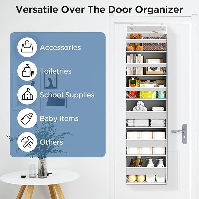Mefirt Over The Door Organizer, 6 Shelf Door Organizer Hanging with 6 Large Capacity Pockets, Over The Door Storage Hanging Shelves for Closet Wall Bathroom Closet Bedroom Nursery