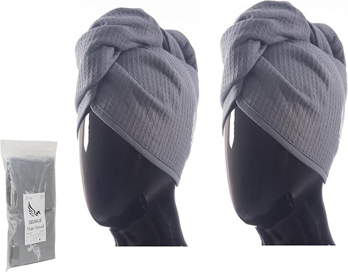 SELARUS 100% Turkish Cotton Hair Towel Wrap for Women,Non Microfiber,Super Absorbent,AntiFrizz,Plopping Hair Drying Waffle Bath Towels for Curly,Long&Thick Hairs,Head Wrap,2 Pack10x26inc (Grey+Grey)