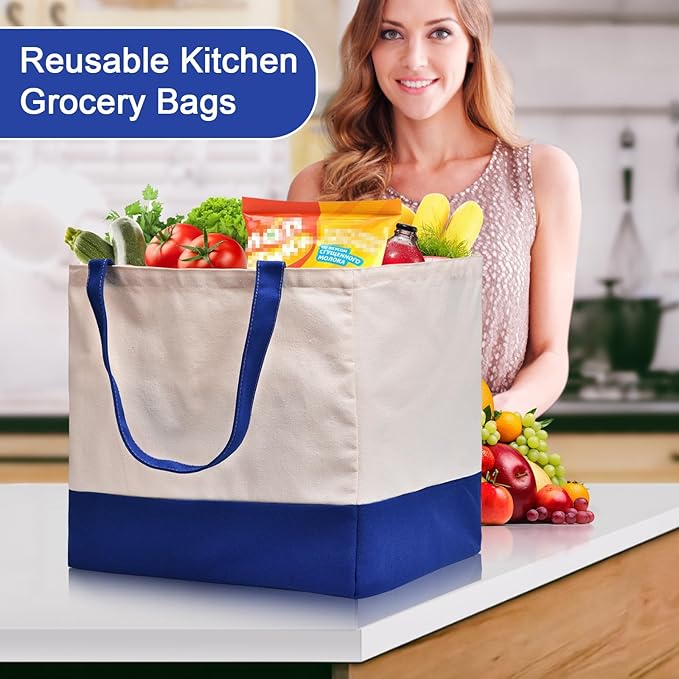 CNaiyunpin 3 Pack Canvas Reusable Grocery Bags Heavy Duty, 8.3 gal Foldable Large Tote Bag with Handles, Holds 60 lbs Canvas Shopping Bags & Washable Eco-friendly Bags with 5 Pockets, Blue+Off White