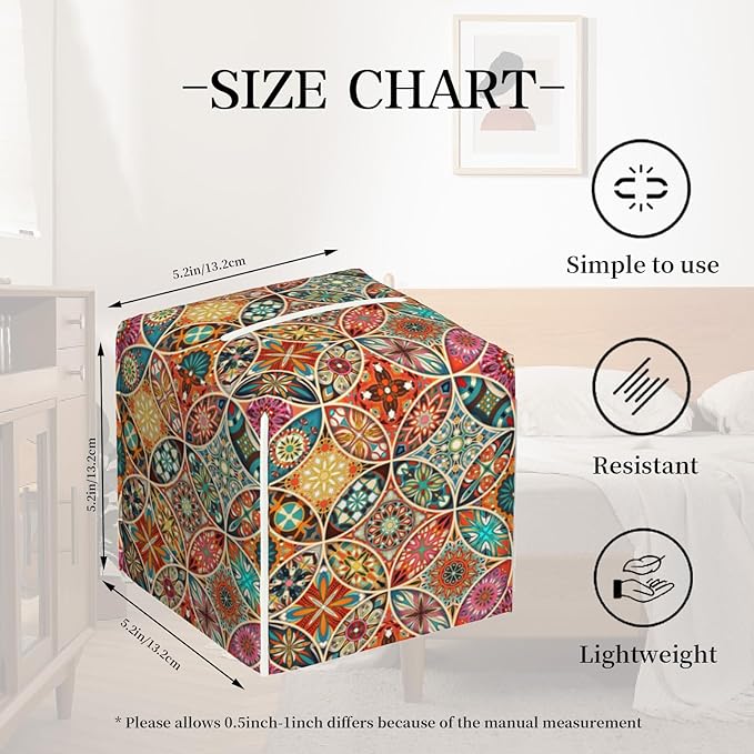 Tissue Box Cover Holder, Vintage Mandala Flowers PU Leather Square Tissue Box Cover Decorative Organizer for Bathroom Kitchen Bedroom Vanity Countertop Night Stands