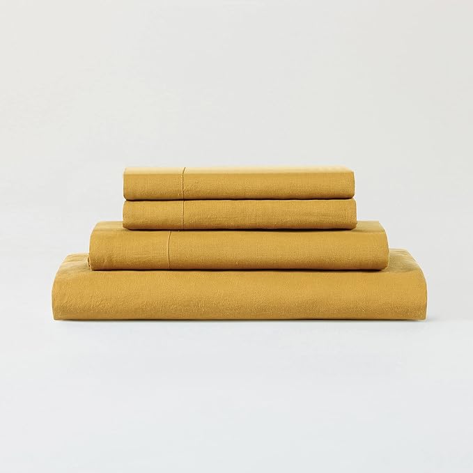 Sijo Stone Washed Organic French Linen Bed Sheet Set, GOTS Certified Organic, Best Cooling Linen Sheet Award by Sleep Foundation, 4 Piece - 2 Pillowcases, 1 Fitted and 1 Flat (Turmeric, Cal King)