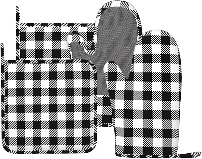 Black Checked Pattern Oven Mitts and Pot Holders Set of 4 Silicone Gingham Plaid Check Black Kitchen Mitten Gloves and Potholders Set Heat Resistant Oven Gloves Hot Holders for Kitchen