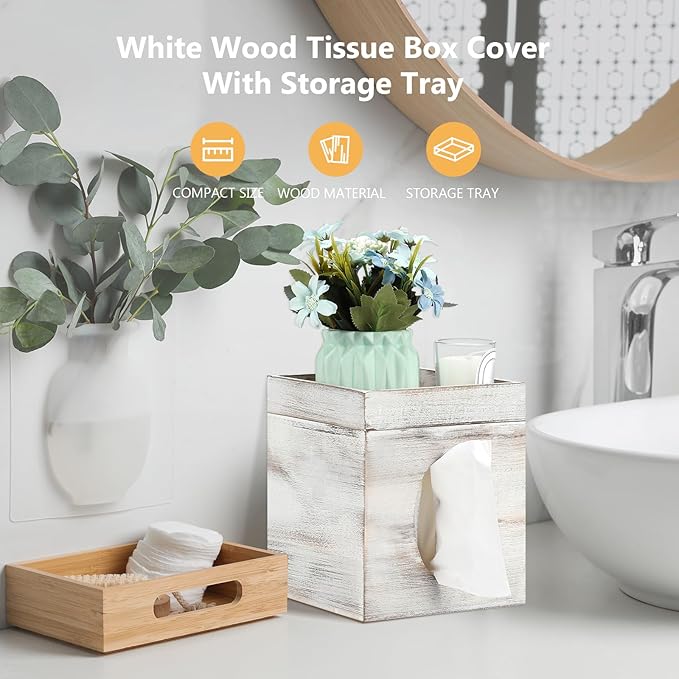 Tissue Box Cover, White Washed Solid Tissue Box Cover with Storage Tray Square Tissue Box Covers Holder for Bathroom, Bedroom, Dinner Table, Office, Tabletop 6" x 6" x 7.4"