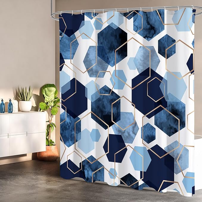 Litabel Modern Small Stall Shower Curtain for Bathroom, Blue Geometric Art Decor Waterproof Bath Curtain, Abstract Fabric Shower Curtain Sets for Home Decor, 36x72 Inch