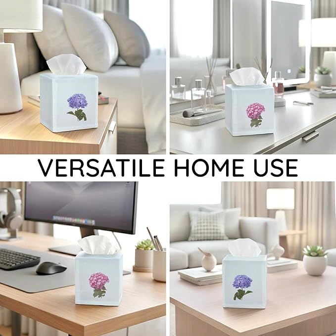 EmbroideryLinen.VN Tissue Box Cover Set of 2, Square Linen Tissue Holder, Printed Floral Design, 4.5x4.5x5.5 Inches, Decorative Holder for Bathroom, Living Room, Office (Hydrangea)