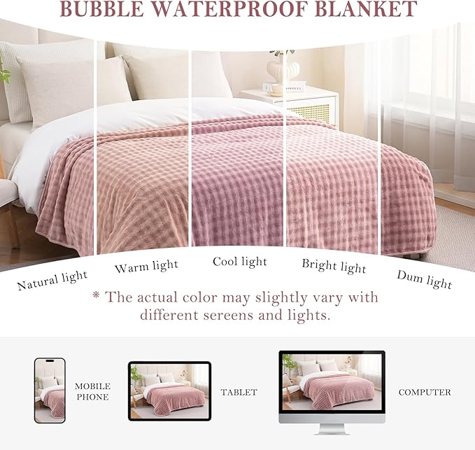 Yaning Waterproof Blanket for Bed Couch Sofa Car, Soft Leakproof Dog Blanket with 3D Bubble Pattern, Reversible Water Proof Pet Blankets for Dogs Cats Puppies (50"x60", Dusty Pink)