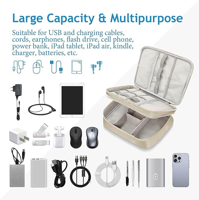 OliviaLiving Electronics Travel Organizer, Double Layer Cable Organizer Bag Waterproof Electronics Accessories Storage Bag for Charger, Phone, Power Bank, Hard Drive, Cord, Tablet