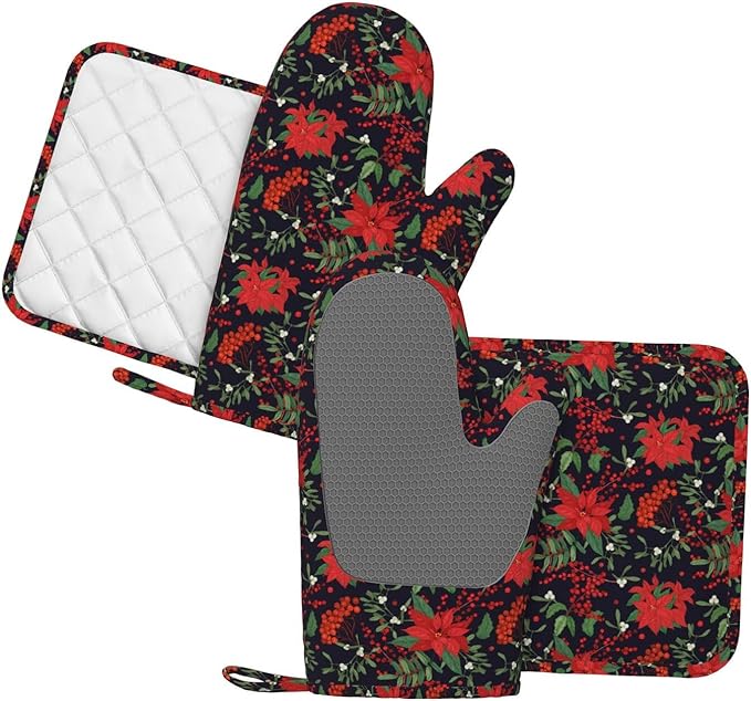 Oven Mitts Pot Holders Set Red Poinsettia Flower Christmas Xmas Silicone Kitchen Gloves Potholders Heat Resistant for Chef Baking Cooking Grilling BBQ 4 Pack Mitt