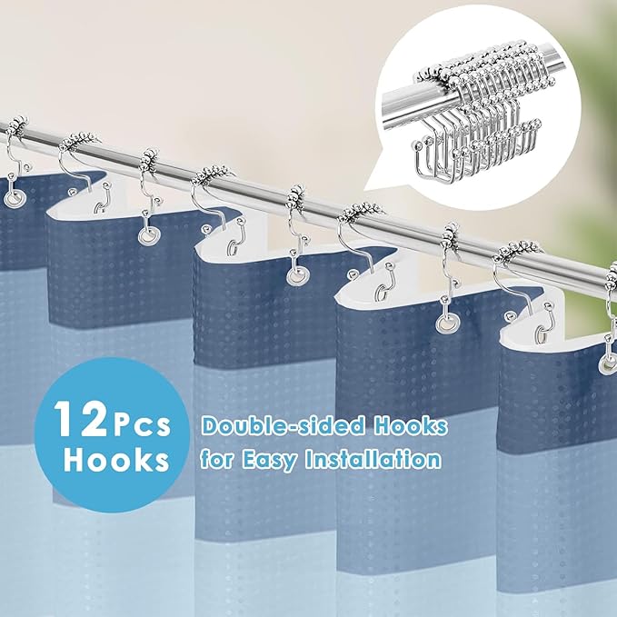 Nesphy Shower Curtain and Liner, Ombre Blue Striped 3 in 1 Shower Curtain and PEVA Liner Set with 12 Rust-Resistant Metal Hooks, Waterproof Fabric Shower Curtains for Bathroom, 72 W x 72 H