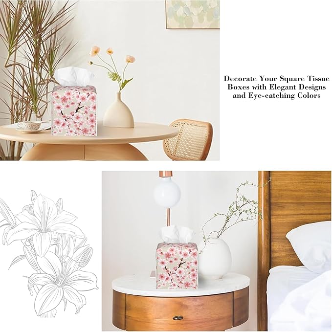 Pink Cherry Blossom Tissue Box Cover Square Leather Tissue Holder Waterproof Facial Paper Organizer Dispenser Cube Paper Cover Case for Home Office Bathroom Vanity Countertop