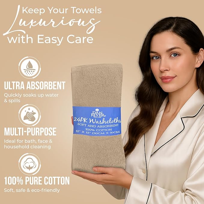 DAN RIVER 24 Pack Wash Cloths for Showering [12x12] - 100% Cotton Washcloths Premium Quality Flannel Face Cloths for Bathroom, Highly Absorbent and Soft Feel Wash Clothes, Tan