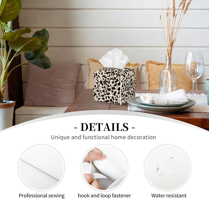 PVC Tissue Box Cover Holder,Leopard Square Decorative Organizer,5.2"X5.2"X5.2" Tissue Case for Bathroom, Tabletop, Car, Office