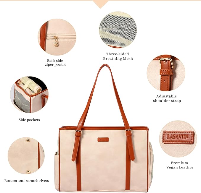 Lasaviin Fashion Dog Purse Pet Carrier Leather Bag for Small Dogs Cats Puppy, Portable Tote Bag Airline Approved Soft-Sided Carriers (Beign)