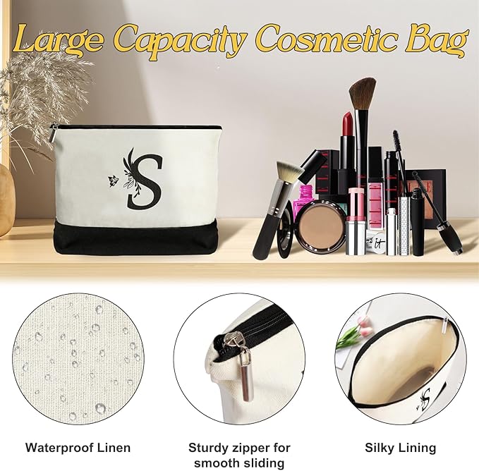 Personalized Gifts for Women - Initial Canvas Tote Bag & Makeup Bag, Custom Bags for Beach, Christmas, Wedding, Birthday, Holiday, Monogram Birthday Gifts for Women, Mom, Wife, Teacher, Friend - S