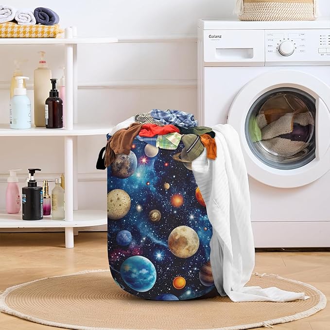 Planets Galaxy Laundry Basket with Sturdy Handles, Universe Collapsible Oxford Cloth Laundry Hamper Organizer Basket for Bathroom Bedroom 15.7x20 Inch