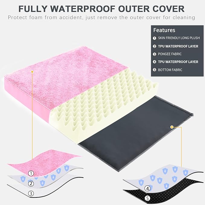 MIHIKK Waterproof Dog Bed Medium Size Dog Orthopedic Pet Beds for Crate with Removable Washable Cover Egg-Crate Foam Pet Pad Mat with Anti-Slip Bottom, 35x22 Inch, Pink