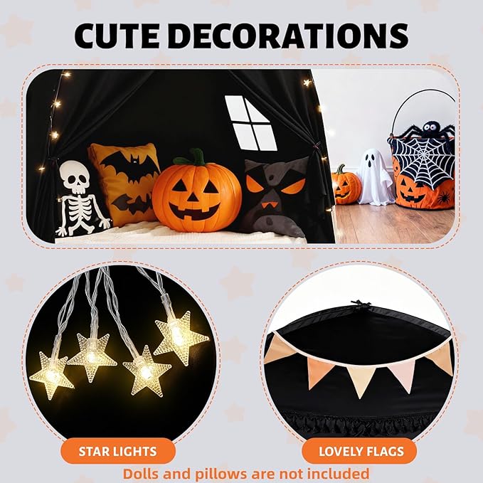 Sumbababy Large Teepee Tent for Kids: with Star Lights - Tent for Toddler Indoor Kids Teepee Tent for Boys & Girls - Toddler Play Tent Inside Canopy Bed for Playroom Gift Toys (All-Black)