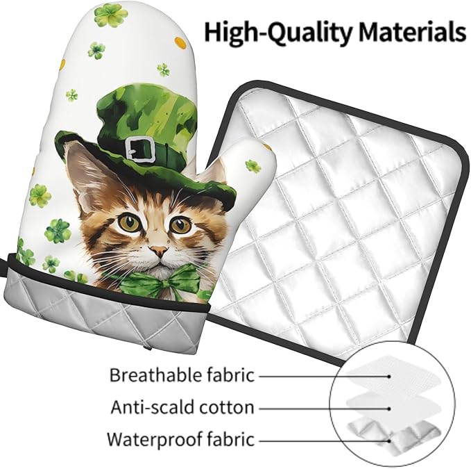 Shamrock Green Leaf Oven Gloves and Pot Holders 2PCS Sets Cute Cat Kitchen Baking Accessories Spring Clovers Heat Resistant Oven Mitts Hot Pads for Cooking BBQ Decorative Kitchen Gift