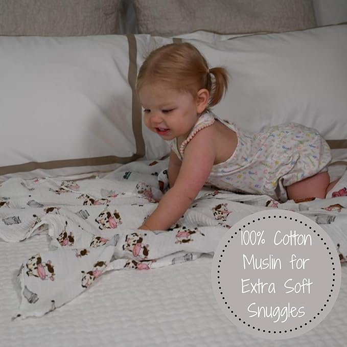 LollyBanks Baby Swaddle Blanket, 100% Muslin Cotton Muslin Blankets for Boys and Girls, Large 47 x 47 Inches Soft and Breathable Swaddles for Newborns, Gentle Baby Wrap Swaddle, Registry (Cow Print)