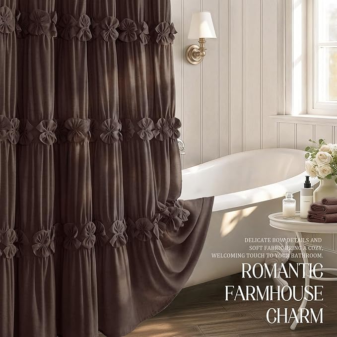 XOGUIBO Ruffle Shower Curtain with Handmade Bow Tie, Brown Linen Vintage Farmhouse Shower Curtain for Bathroom, 72" W x 72" H