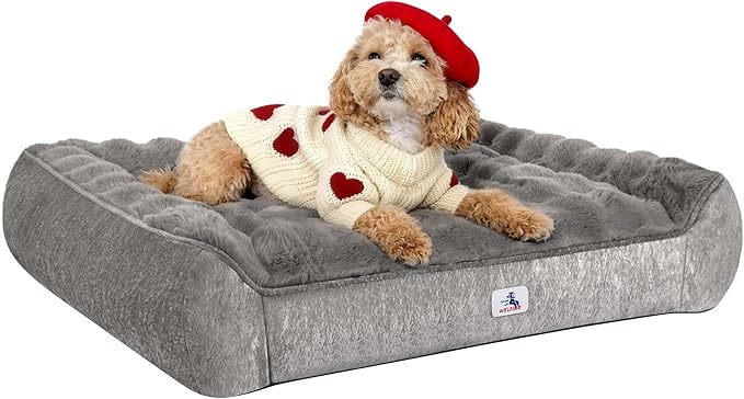 Welfibr Fluffy Faux Fur Dog Bed Medium Size Dog Washable Rasied Dog Bed Orthopedic Dog Bed with Sides Noiseless Supportive Dog Couch Anti-Slip Comfort Pet Beds with Removable Cover Grey 42"