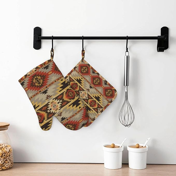 American Southwest Print Oven Mitts and Pot Holders Set of 4 Silicone Aztec Kitchen Mitten Gloves and Non-Slip Vintage Potholders Set Heat Resistant Oven Gloves Hot Holders for Kitchen