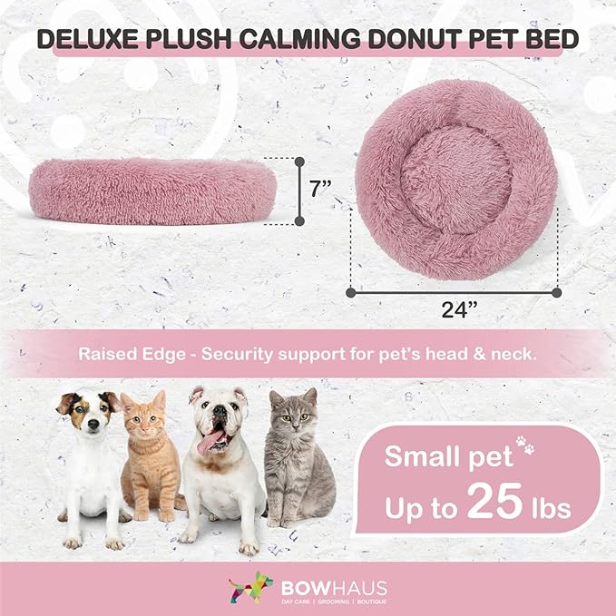 BOWHAUS 24/30 Inch Calming Donut Pet Bed for Small/Medium Cats and Dogs, Anti-Slip Bottom, Washable, Anti-Anxiety Fluffy Round Cat Bed, Indoor Shaggy Cuddler Cotton Candy Brown, Light Gray, Pink Bed