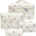 Quilted Makeup Bag, Large Capacity Travel Cosmetic Bag for Women and Girls, Aesthetic Storage for Daily and Travel Use (4pcs-pinkbow)