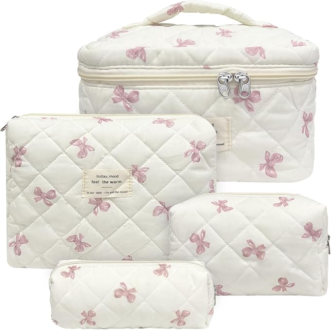 Quilted Makeup Bag, Large Capacity Travel Cosmetic Bag for Women and Girls, Aesthetic Storage for Daily and Travel Use (4pcs-pinkbow)