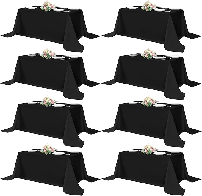 sancua Black Tablecloths for 6 Foot Rectangle Tables, 8 Pack 90x132 Inch Rectangular - Washable Polyester Fabric Table Cloth, Reusable Table Covers for Wedding Party, Birthday, Banquet Reception