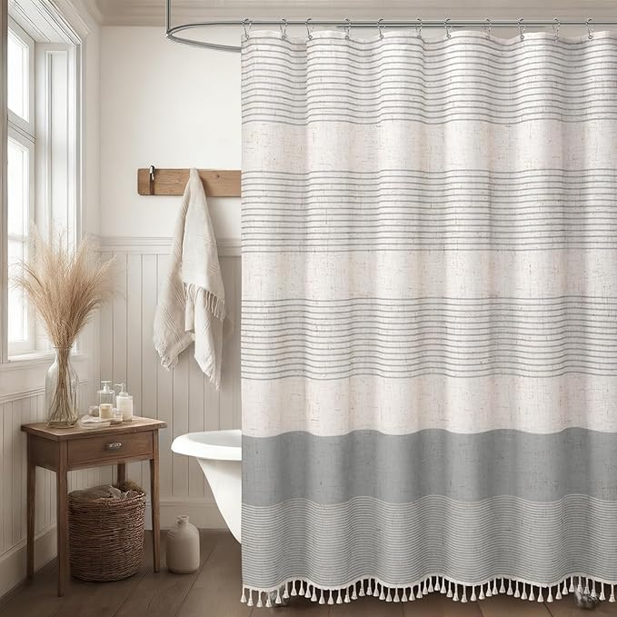 XOGUIBO Grey Shower Curtain Farmhouse Linen Striped Shower Curtains for Bathroom with Tassel 72 X 84
