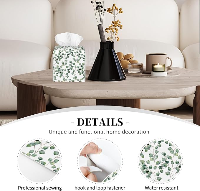 POIUBLE Leather Tissue Box Holder Green Eucalyptus Leaves Tissue Box Cover Square Waterproof Tissue Holder Organizer Modern Napkin Holder for Bedroom Dresser Night Stand Office Desk